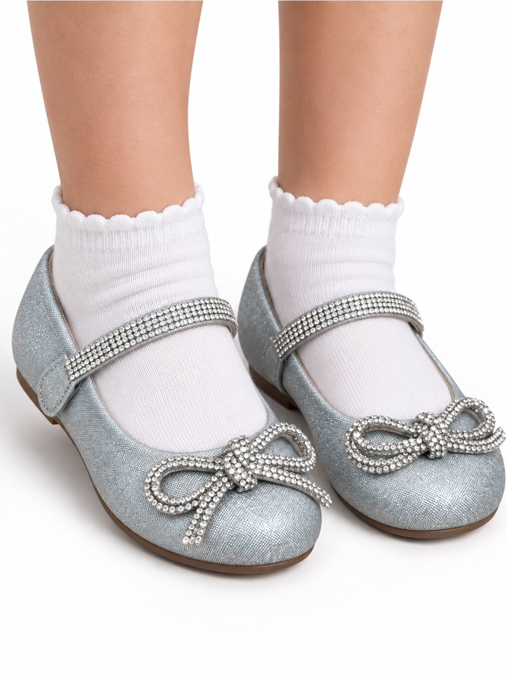Girls Silver Rhinestone Bow Mary Jane Dress Shoes Size 7
